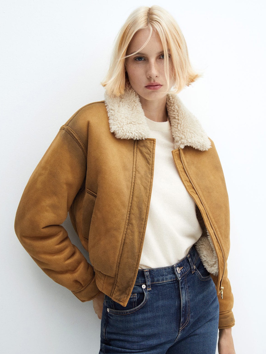 

MANGO Worn-Effect Shearling Bomber Jacket, Mustard