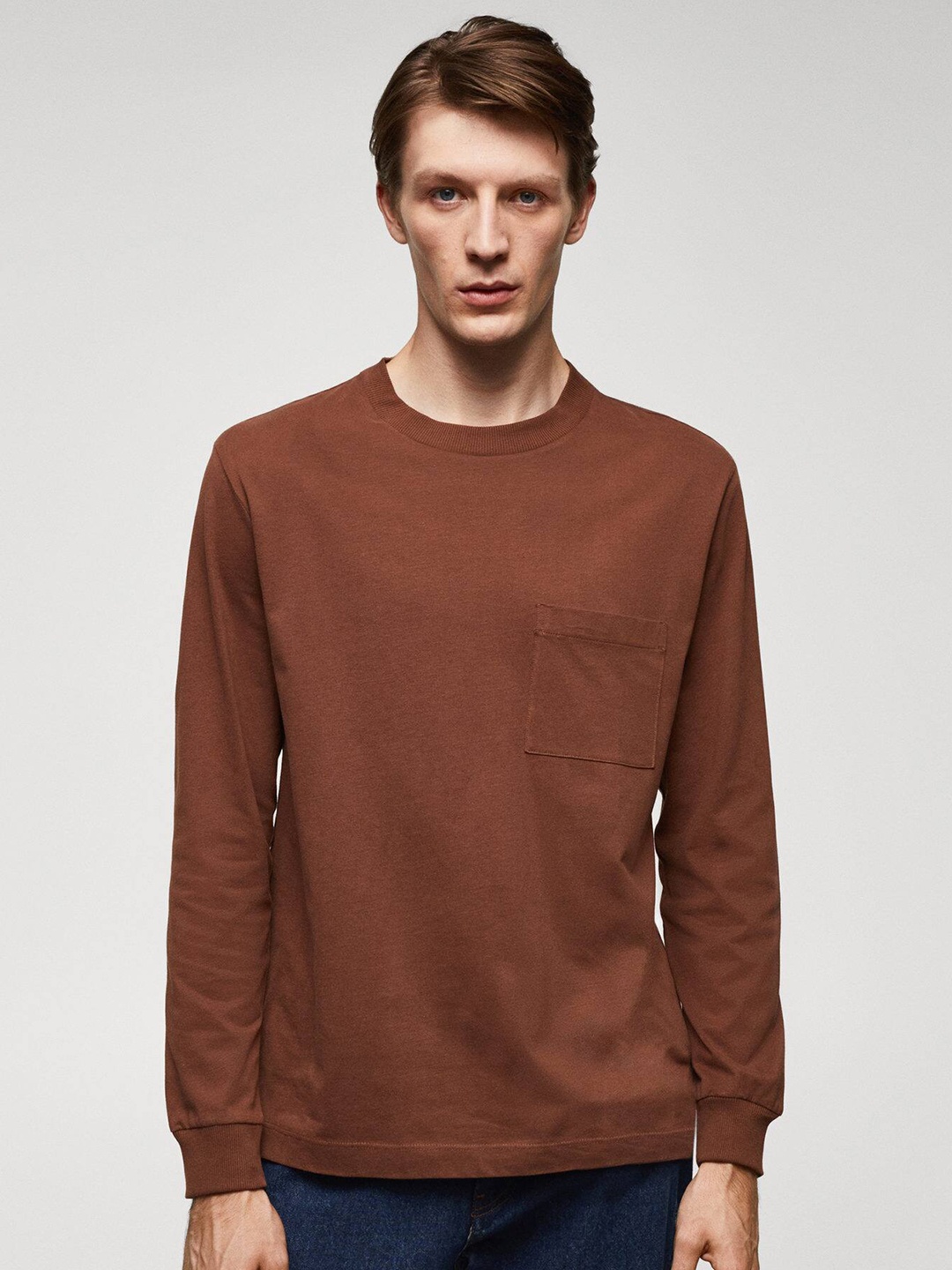 

MANGO MAN Round Neck Pure Cotton T-shirt, Brown