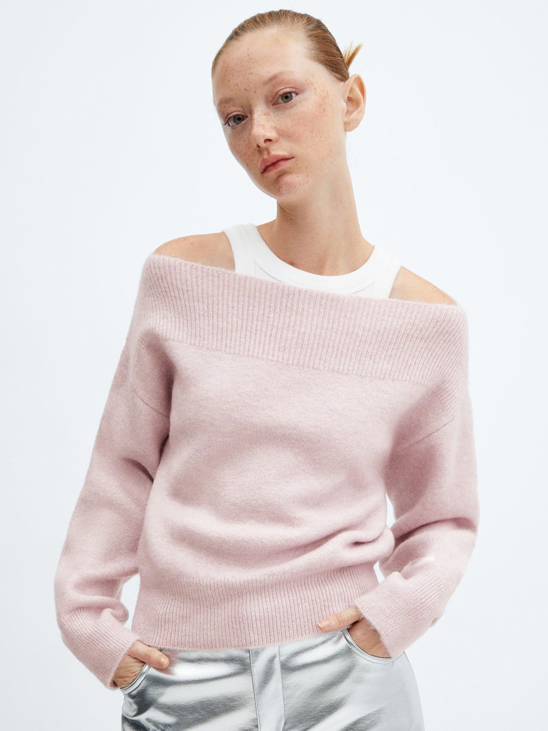 

MANGO Women Off-Shoulder Pullover, Pink