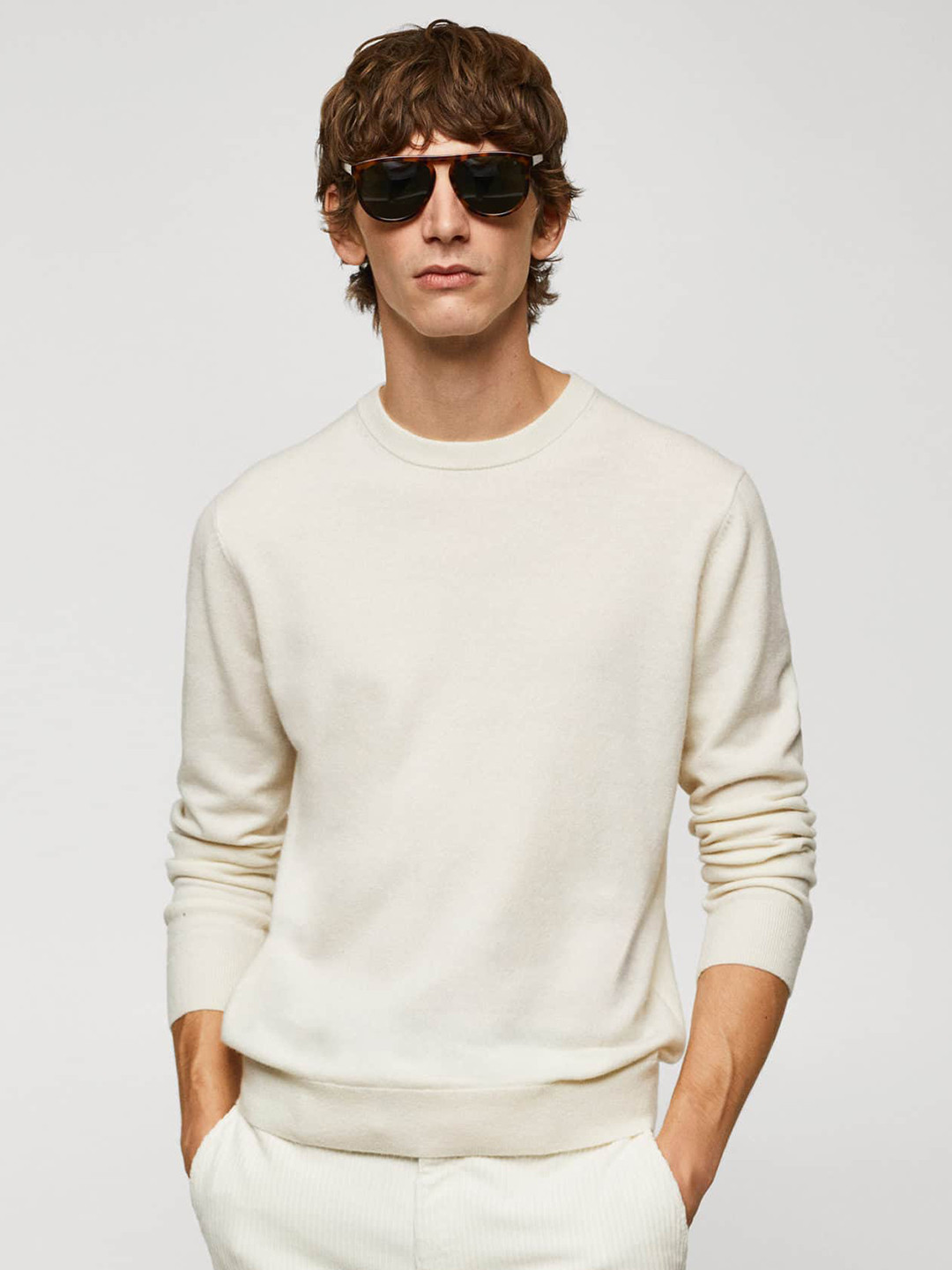 

MANGO MAN Solid Round Neck Pullover, Off white