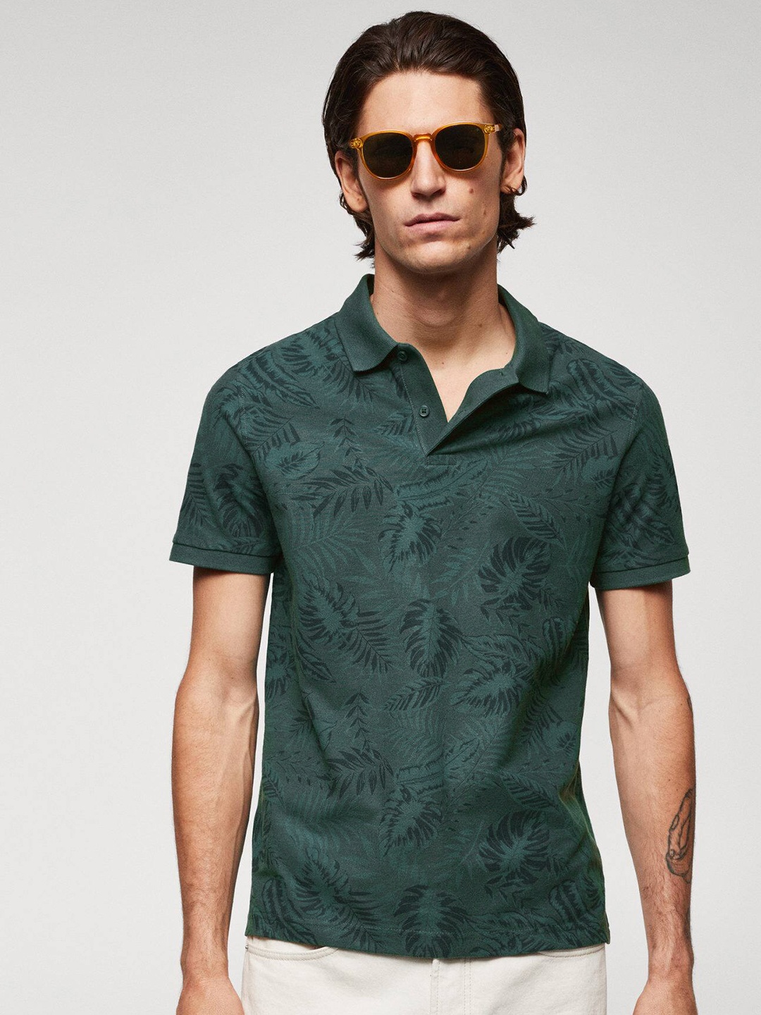 

MANGO MAN Tropical Printed Polo Collar Pure Cotton Slim Fit T-shirt, Green