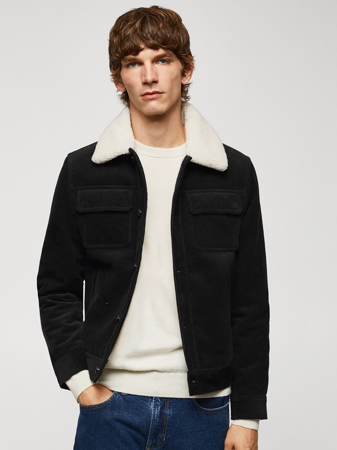 

MANGO MAN Slim Fit Faux Shearling Corduroy Jacket, Black