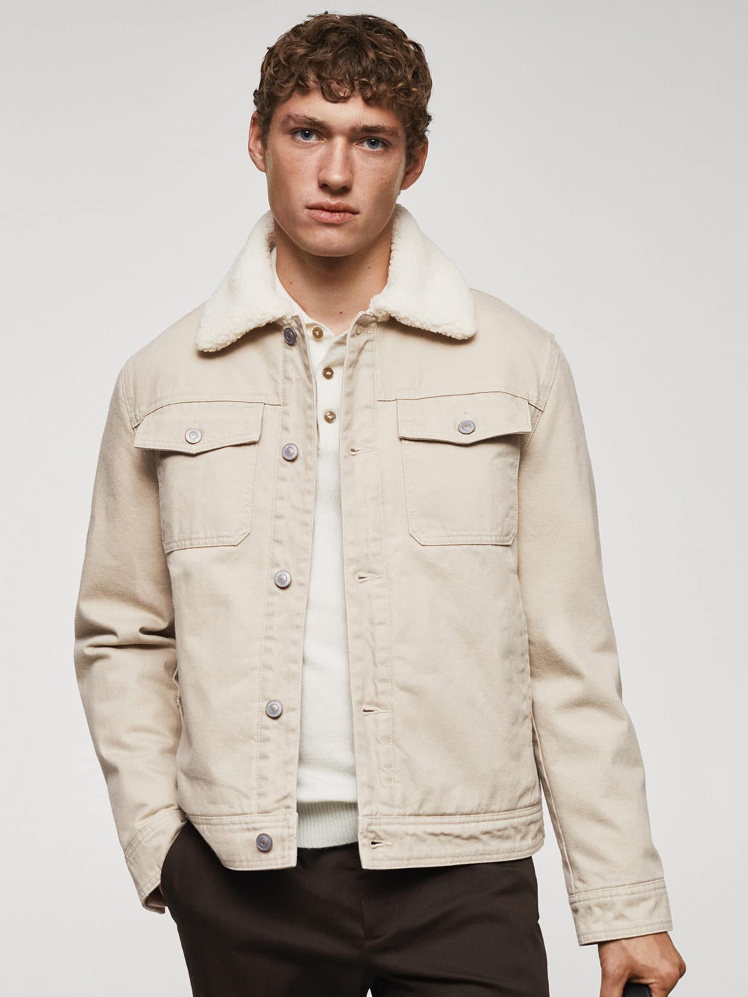

MANGO MAN Faux Fur Trim Pure Cotton Denim Jacket, Beige