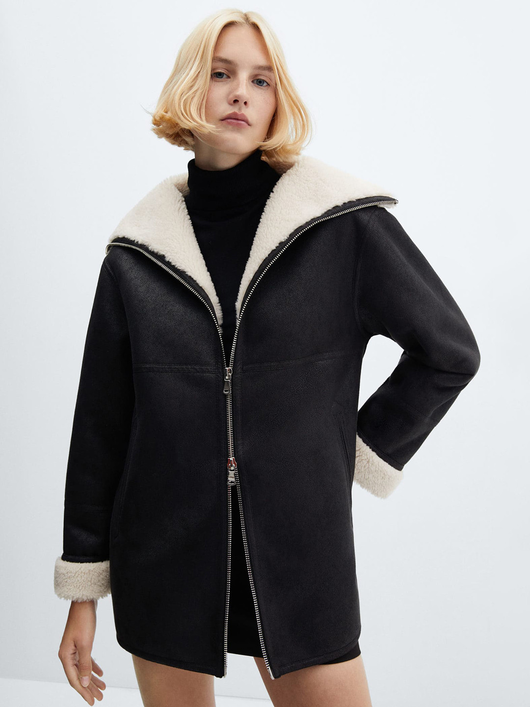 

MANGO Faux Fur Longline Reversible Tailored Jacket, Black