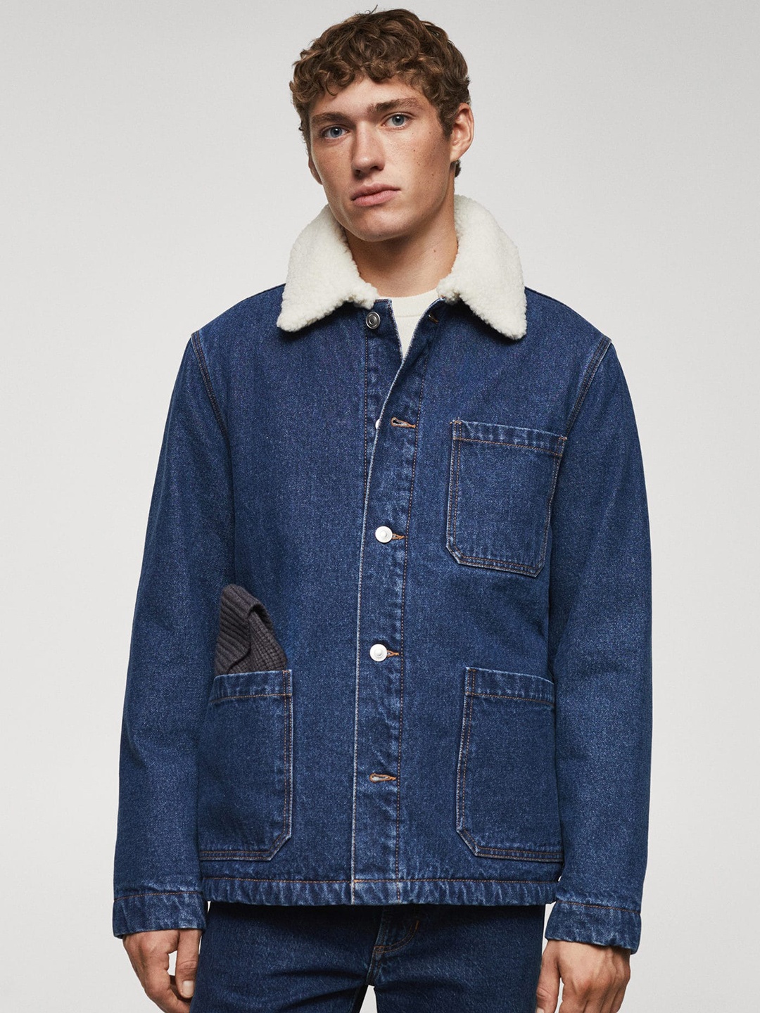 

MANGO MAN Faux Fur Trim Pure Cotton Denim Jacket, Blue