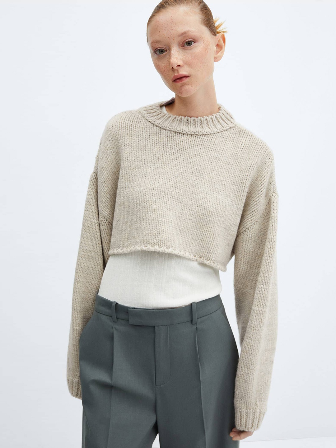 

MANGO Drop-Shoulder Sleeves Crop Pullover, Grey