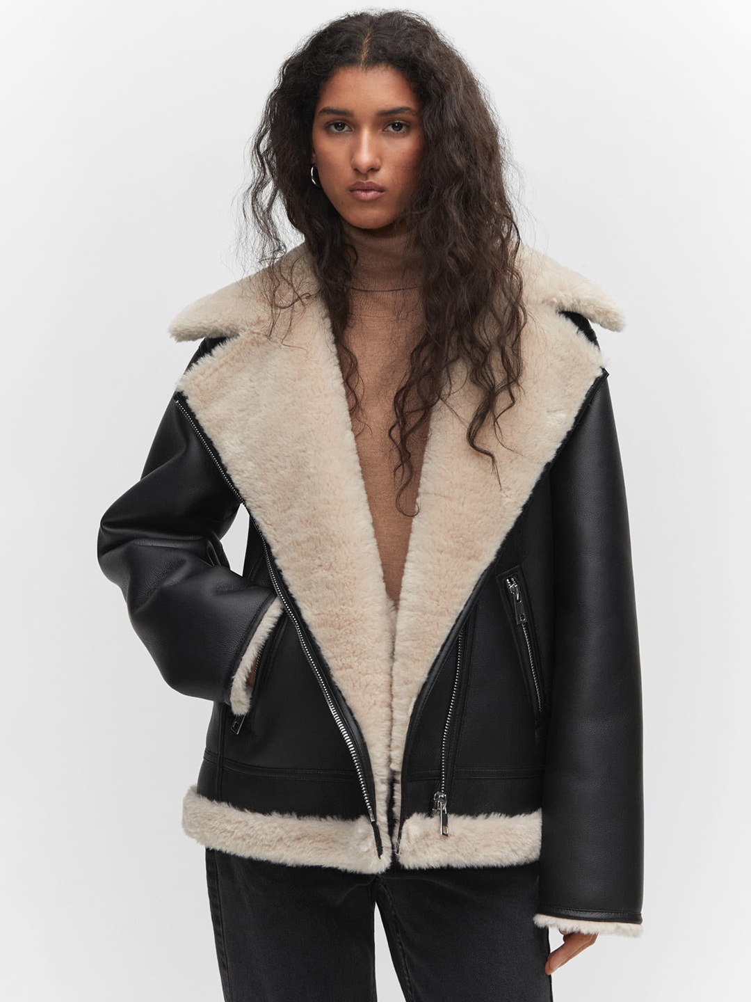 

MANGO Faux Fur Trim Notched Lapel Collar Tailored Jacket, Black
