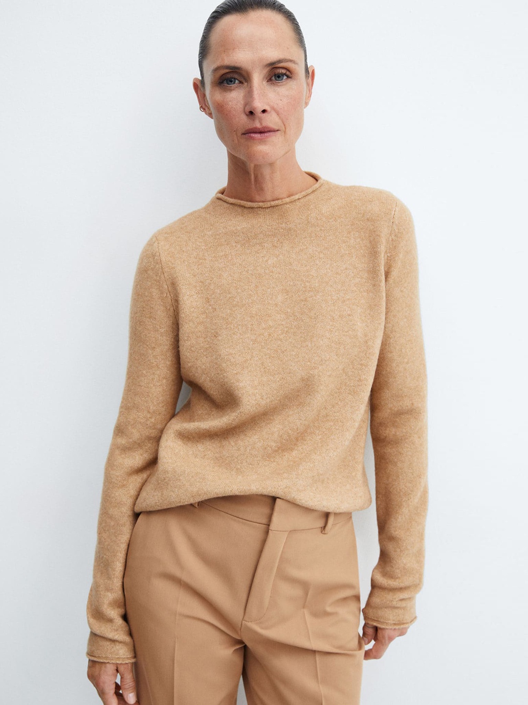 

MANGO Solid High Neck Pullover, Brown