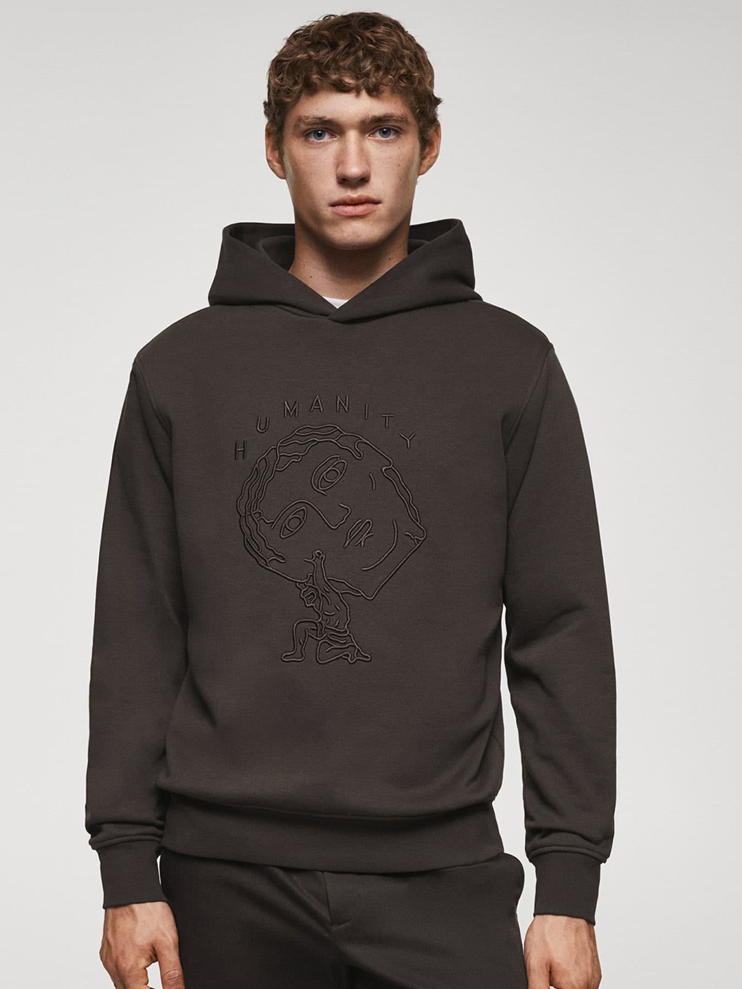 

MANGO MAN Embroidered Hooded Sweatshirt, Brown
