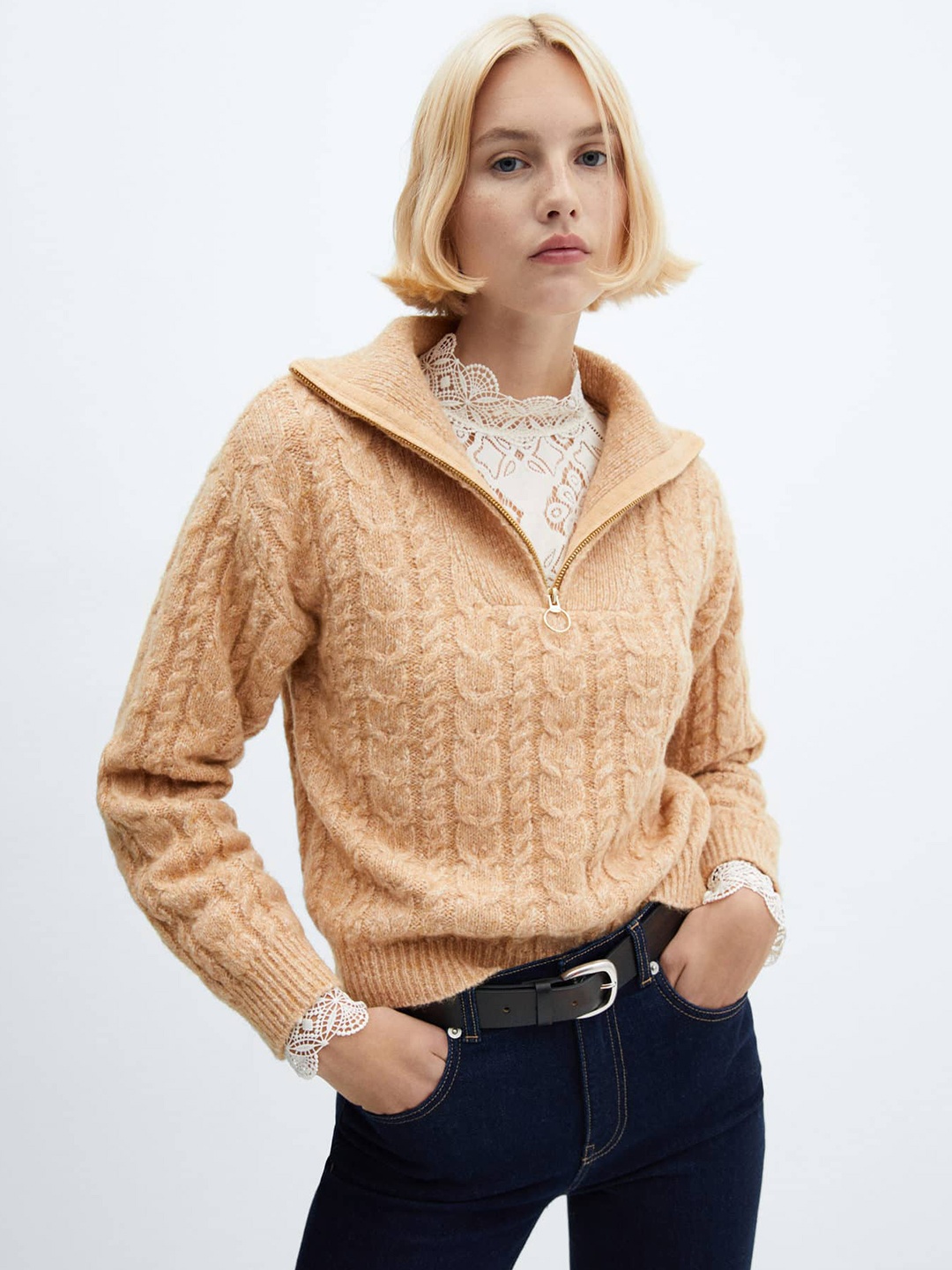 

MANGO Women Cable Knit Pullover, Beige