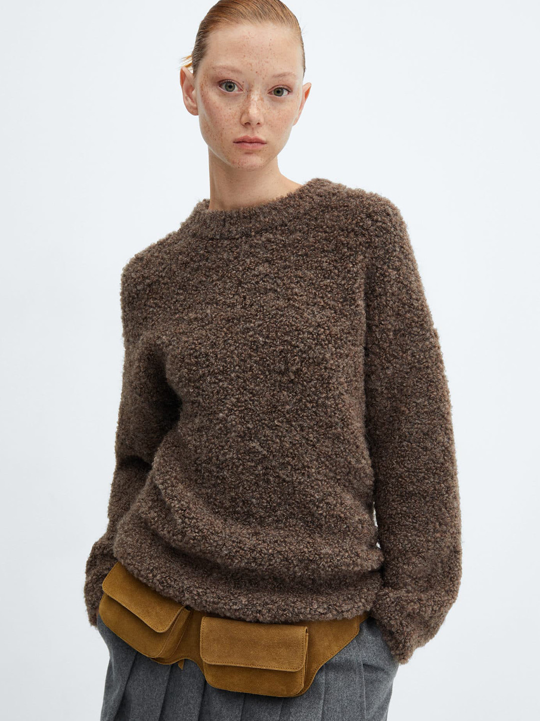

MANGO Women Boucle Pullover, Brown
