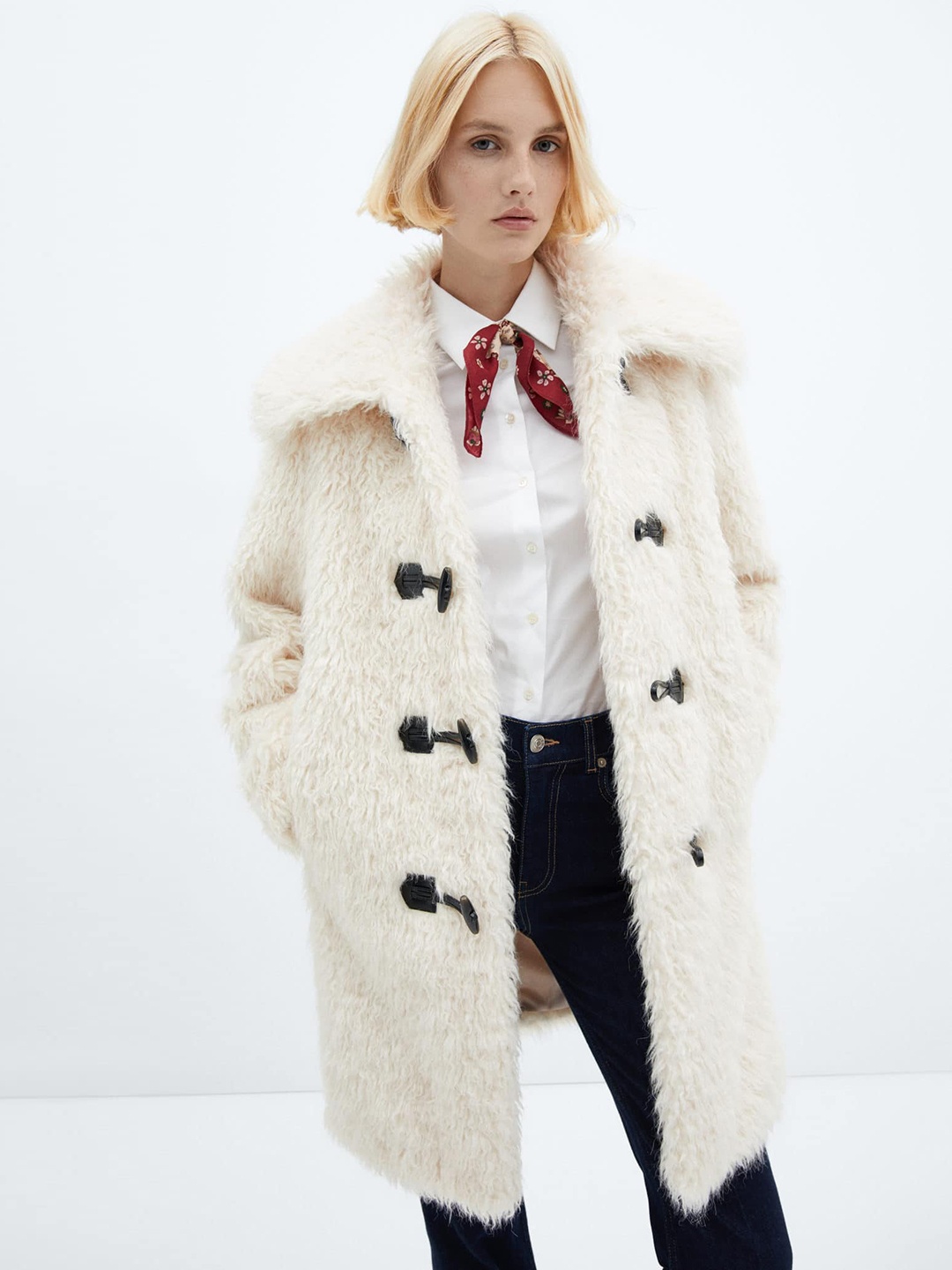 

MANGO Faux-Fur Detail Longline Overcoat, White