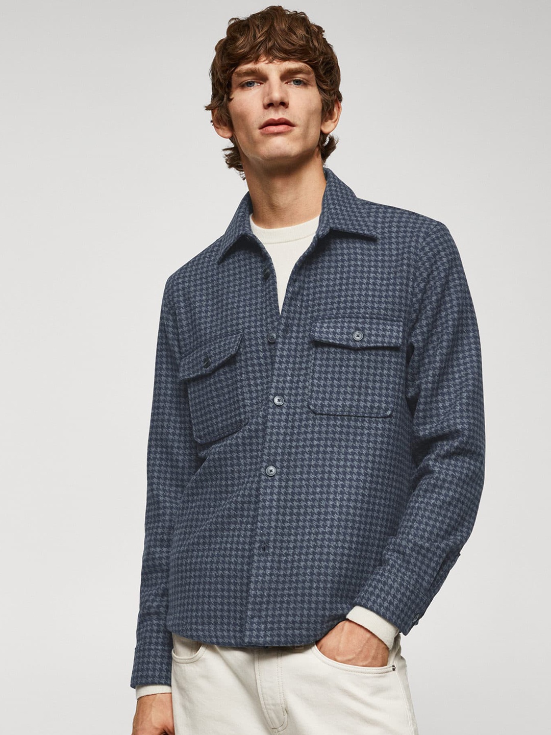 

MANGO MAN Opaque Houndstooth Checked Casual Shacket, Blue