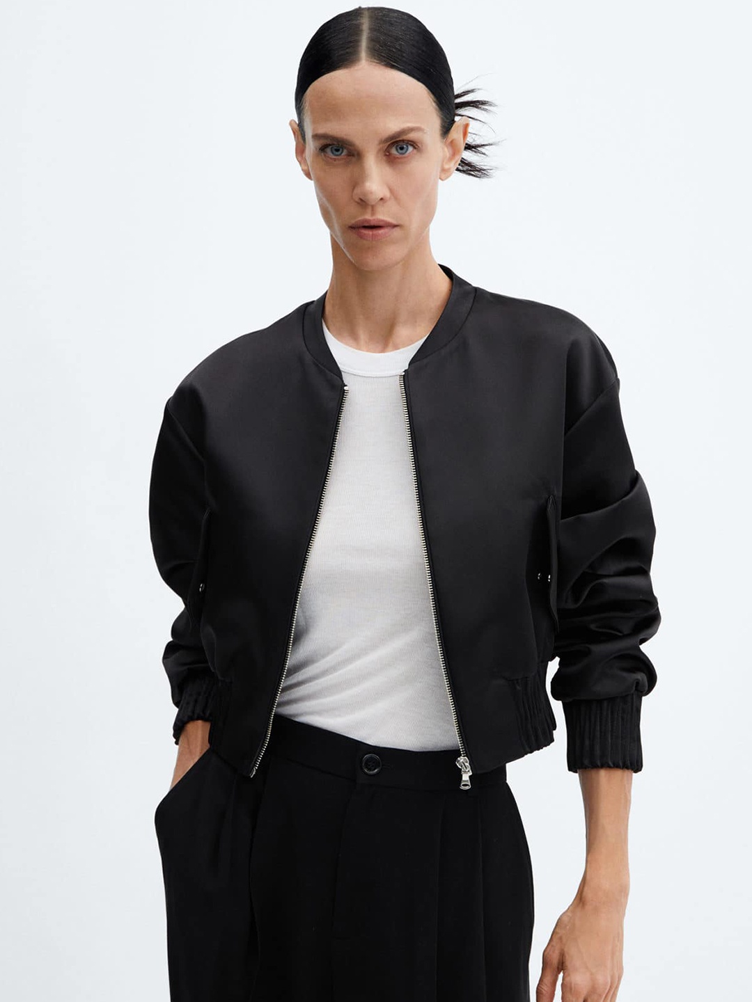 

MANGO Satin Finish Bomber Jacket, Black