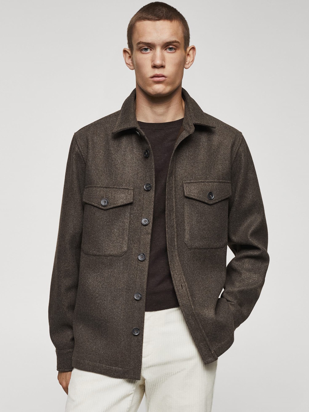 

MANGO MAN Flap Pockets Detailed Flannel Opaque Casual Shacket, Brown
