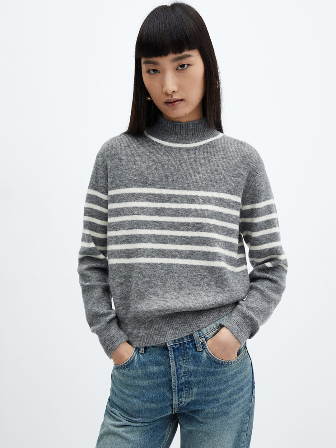 

MANGO Women Striped Pullover, Grey