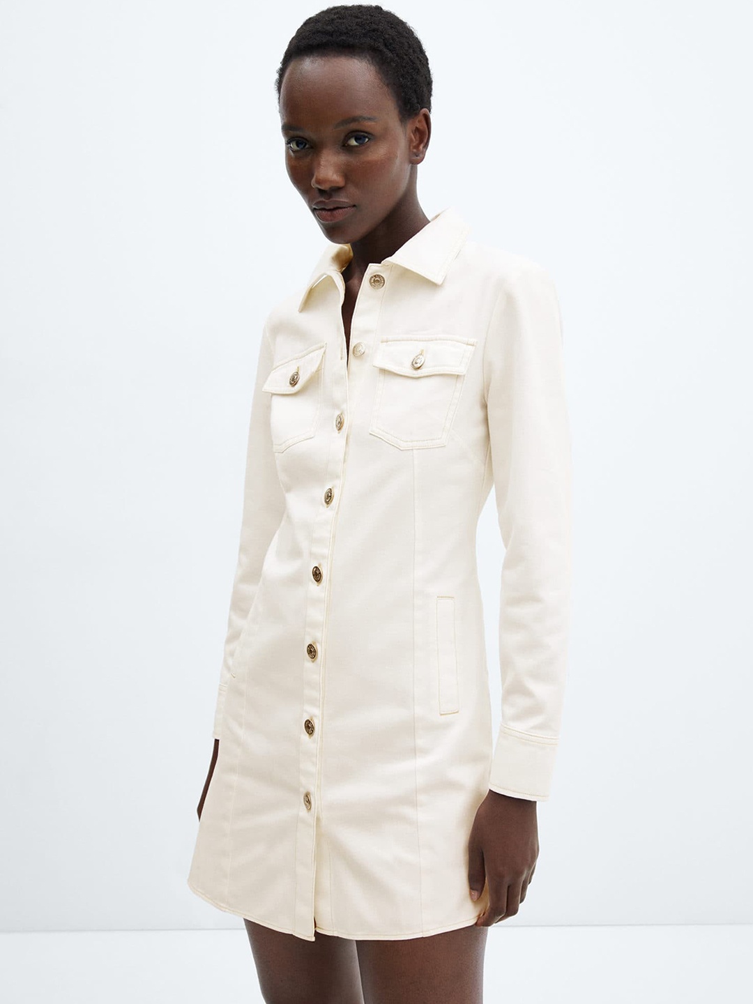 

MANGO Pure Cotton Button Denim Shirt Dress, Cream