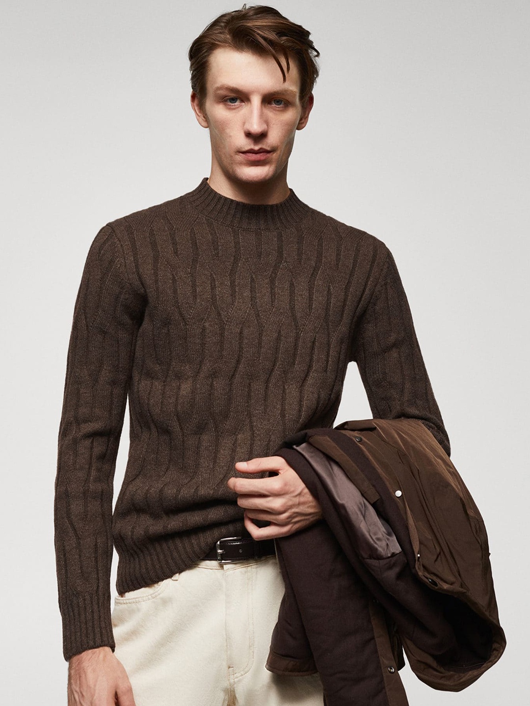 

MANGO MAN Cable Knit Pullover, Brown