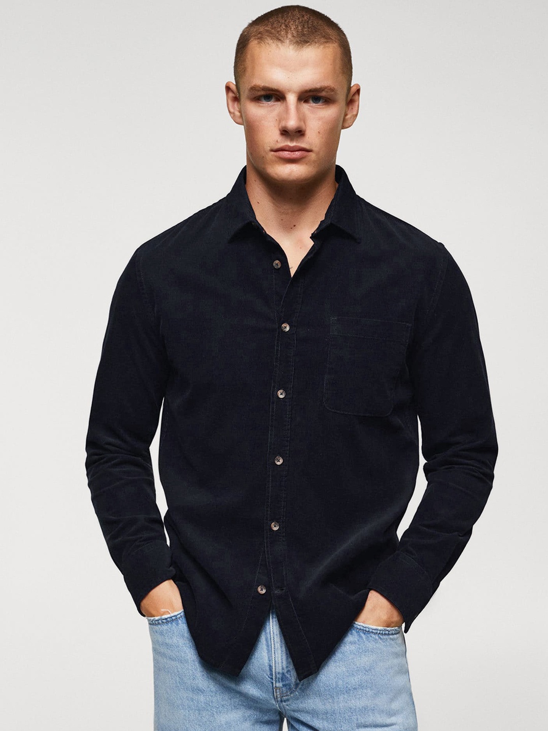 

MANGO MAN Pure Cotton Regular Fit Opaque Casual Shirt, Navy blue