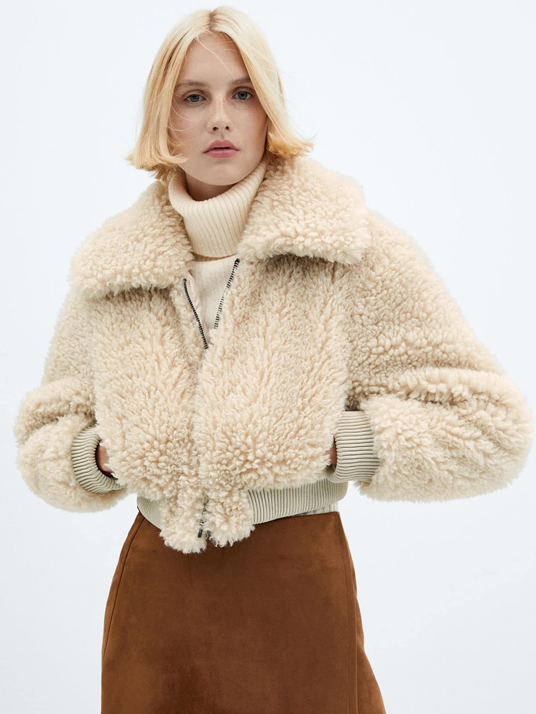 

MANGO Fur-Effect Bomber Jacket, Beige