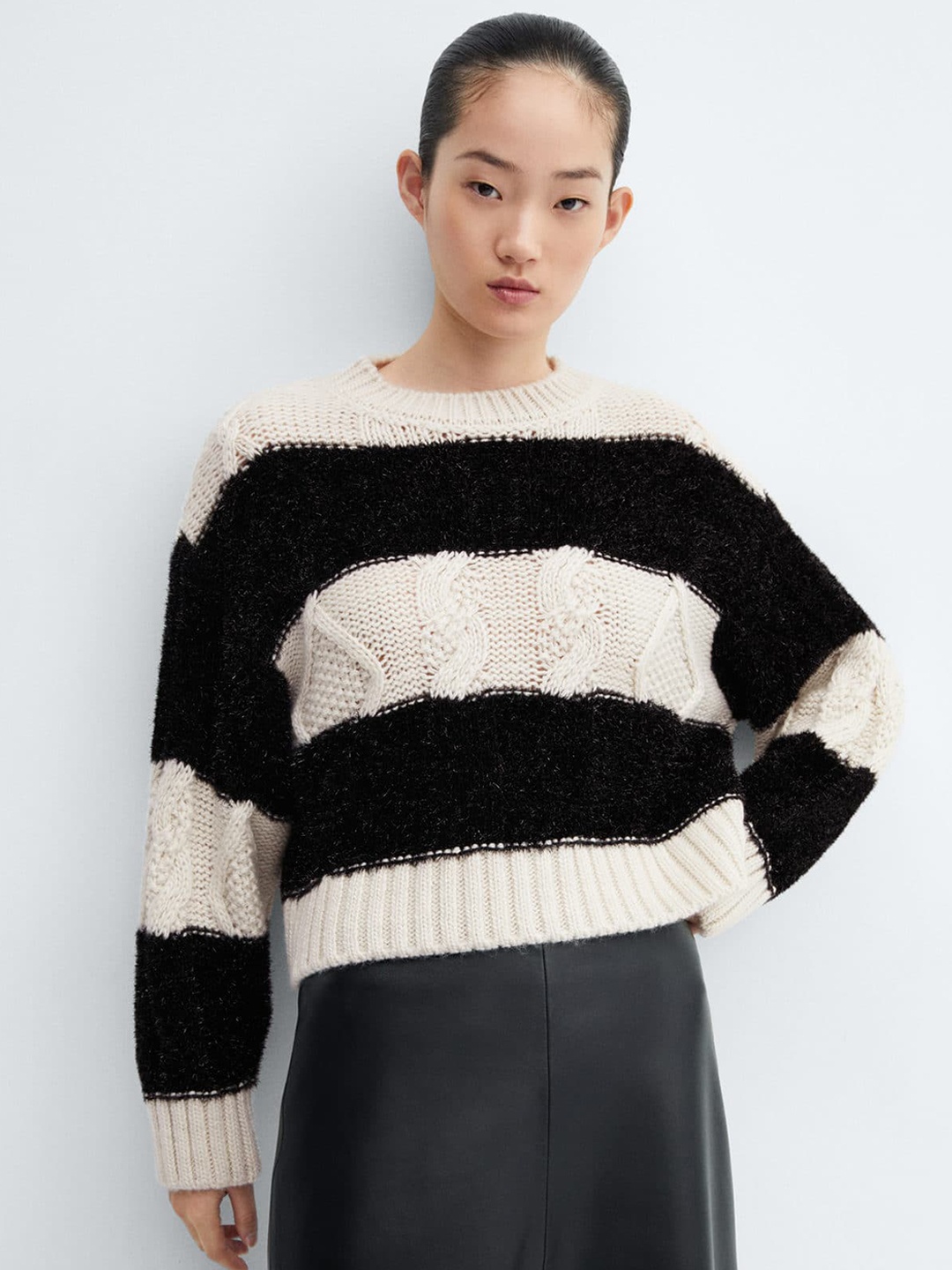 

MANGO Striped Fuzzy Detailed Drop-Shoulder Sleeves Cable Knit Pullover, White