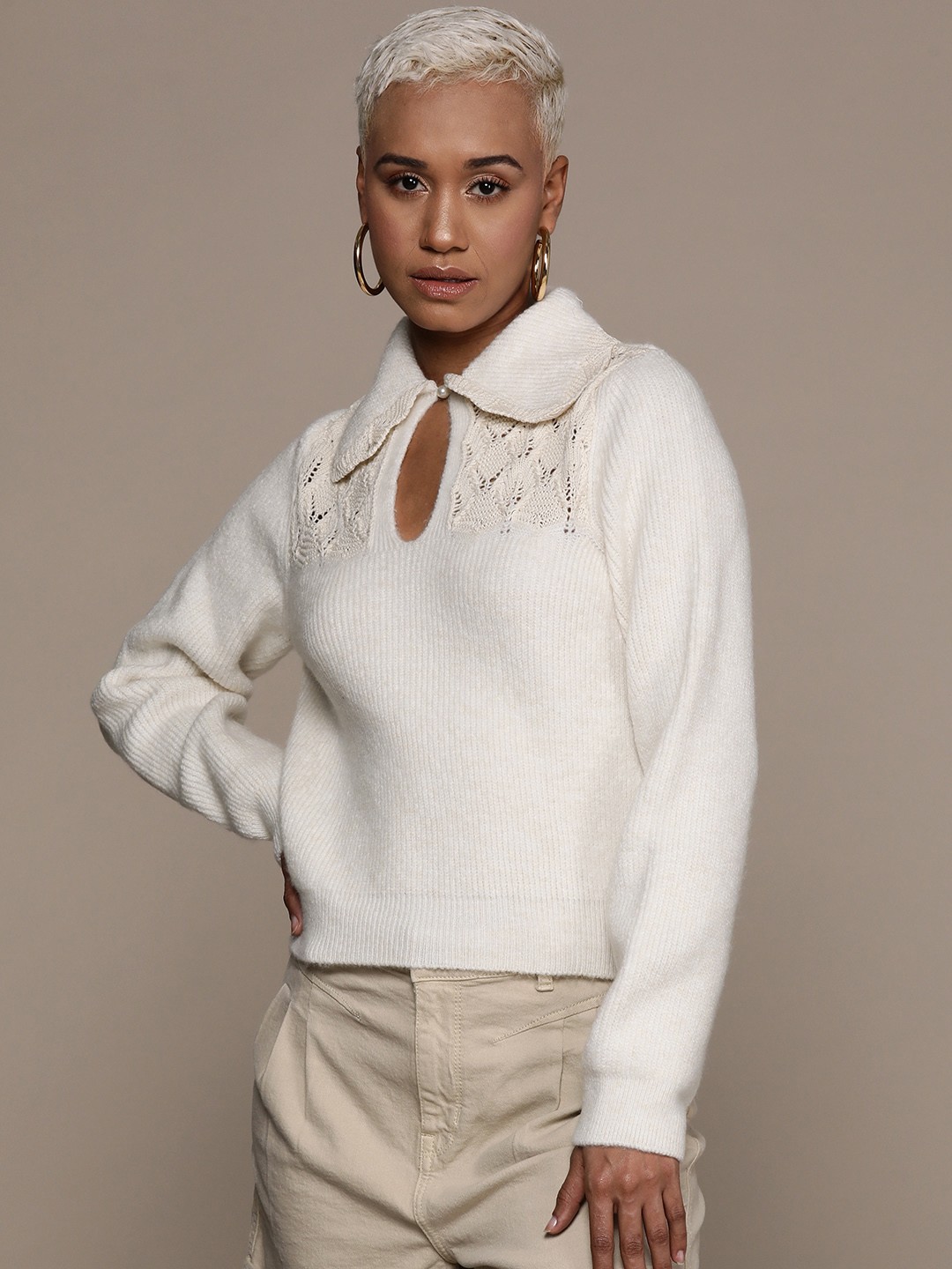

MANGO Peter Pan Key-Hole Neck Open Knit Pullover, White