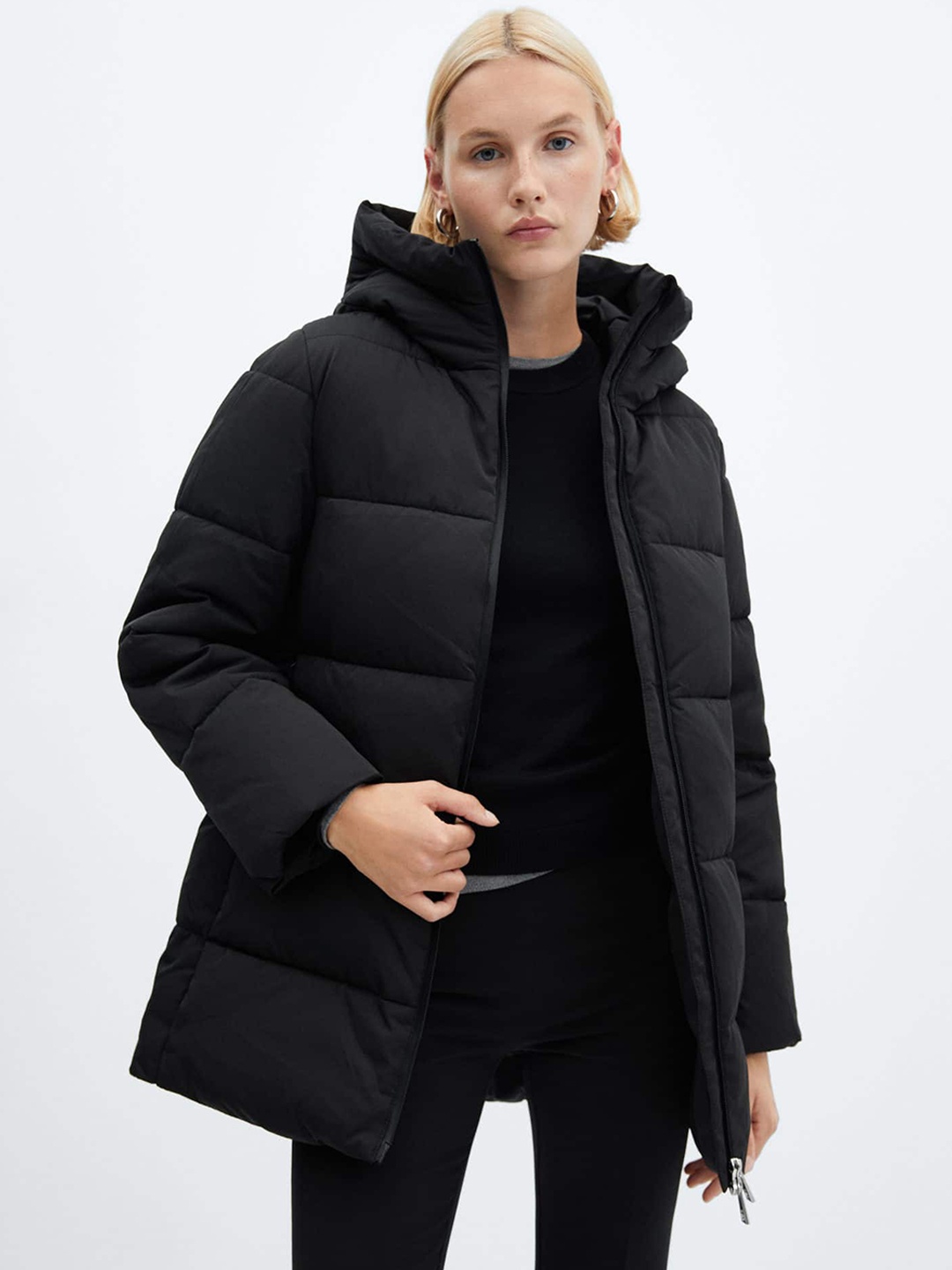 

MANGO Water-Repellent Longline Quilted Hooded Jacket, Black