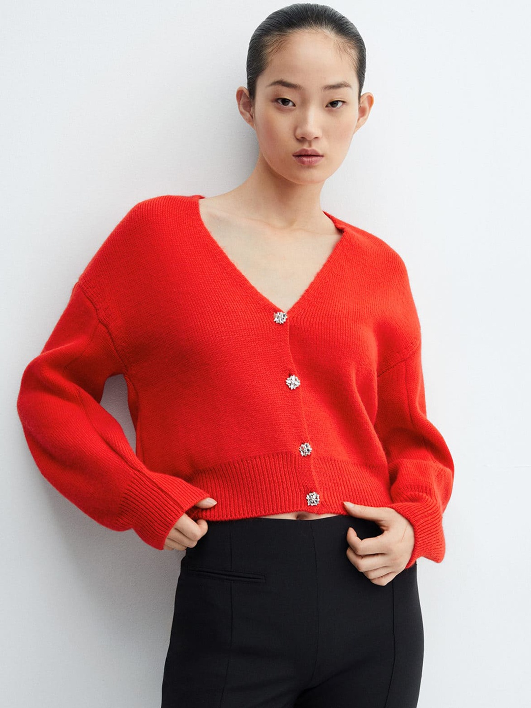 

MANGO Cherry Red Embellished Button Detailed Drop-Shoulder Sleeves Cardigan