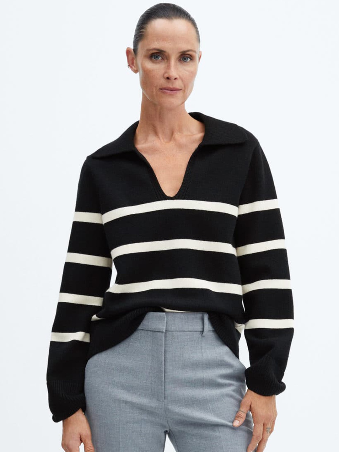 

MANGO Women Striped Pullover, Black