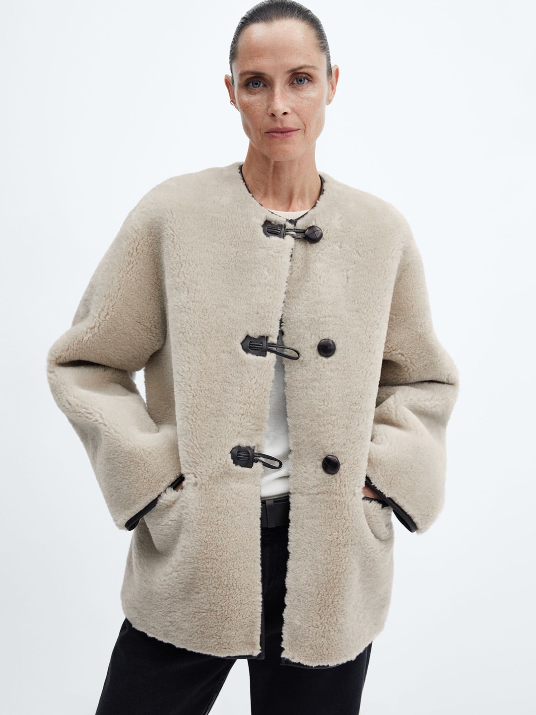 

MANGO Faux Fur Longline Overcoat, Beige