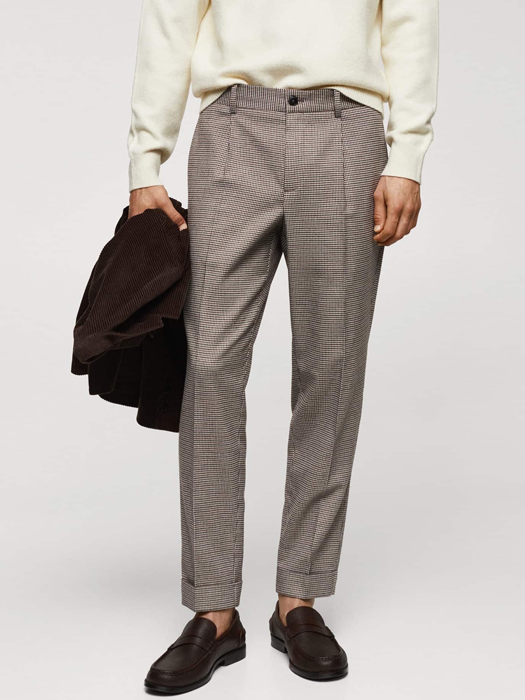 

MANGO MAN Houndstooth Checked Slim Fit Trousers, Beige