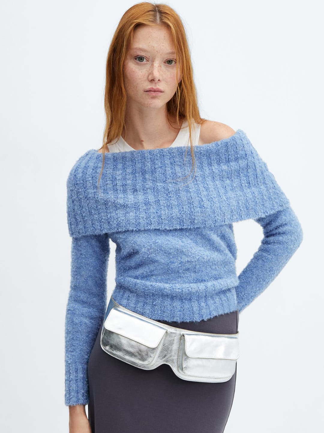 

MANGO Women Off-Shoulder Layered Pullover, Blue