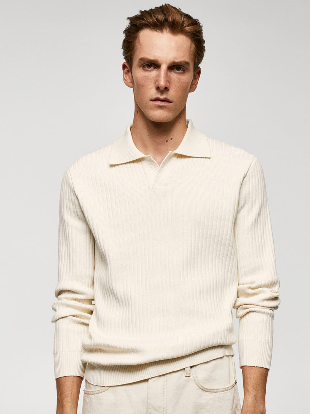 

MANGO MAN Polo Collar Ribbed Pullover, Off white