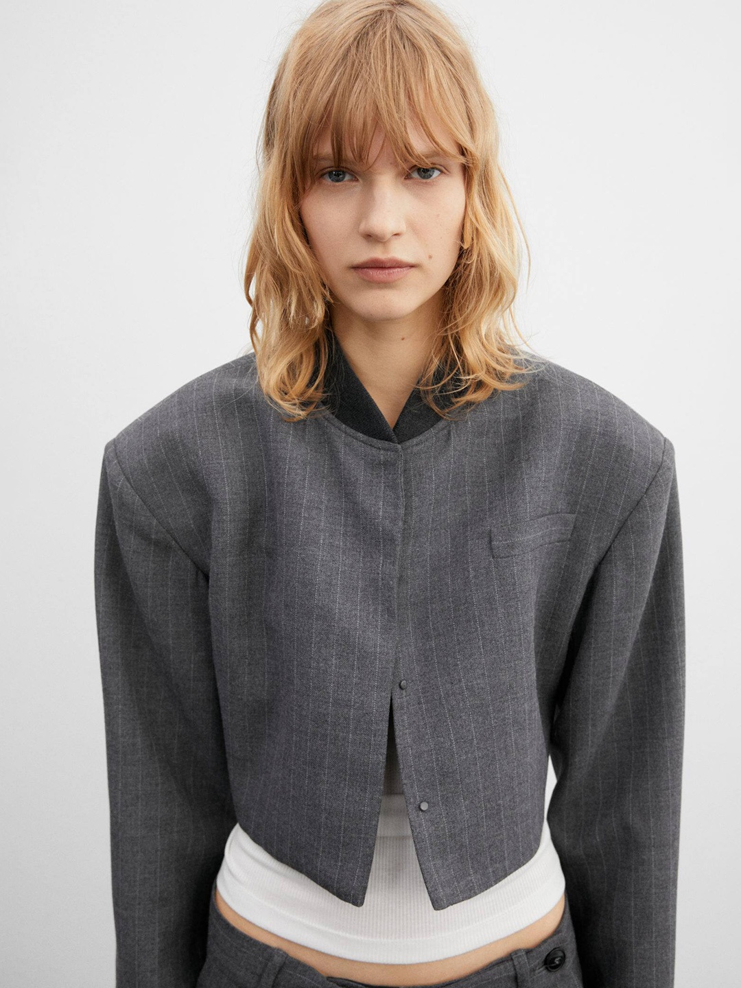 

MANGO Striped Padded Shoulder Crop Bomber Jacket, Grey