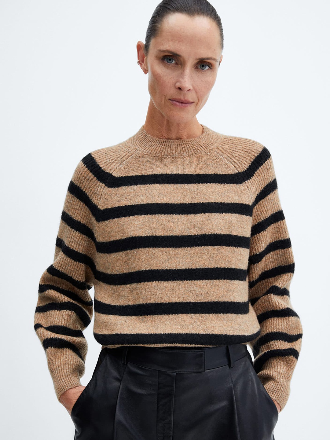 

MANGO Raglan Sleeves Striped Pullover, Brown
