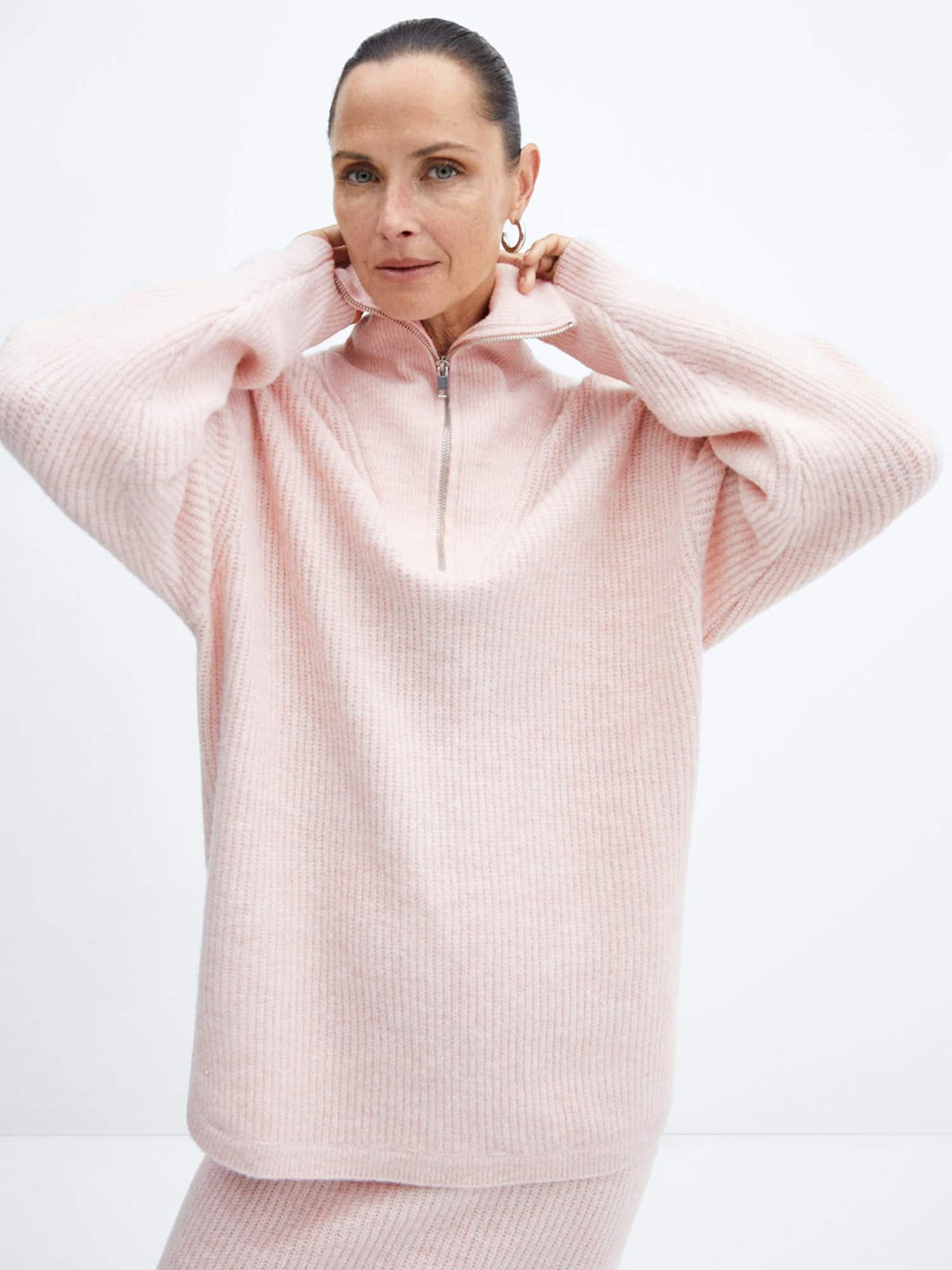 

MANGO Mock Neck Drop-Shoulder Sleeves Oversized Longline Pullover, Pink