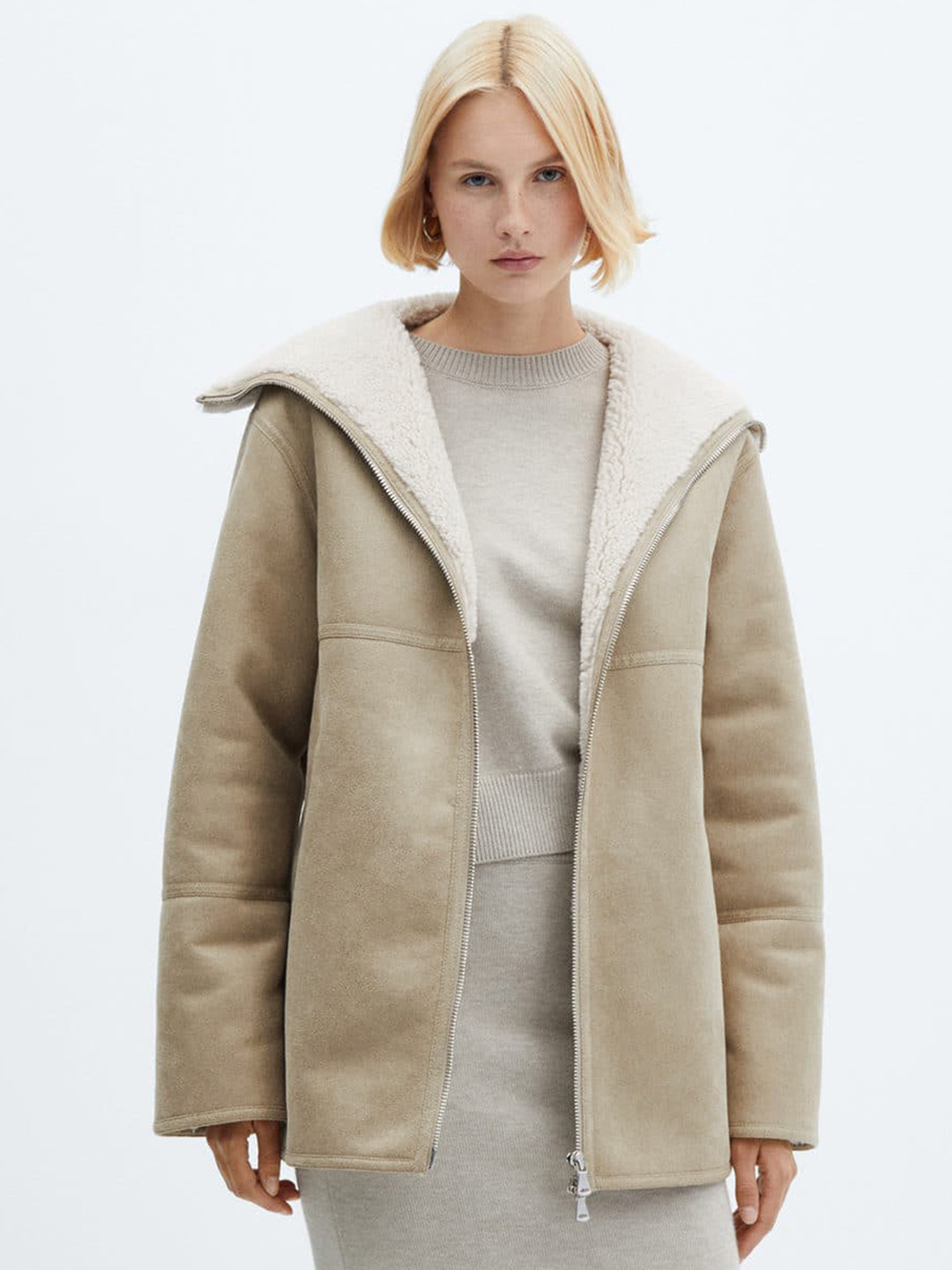 

MANGO Faux Fur Longline Reversible Tailored Jacket, Beige