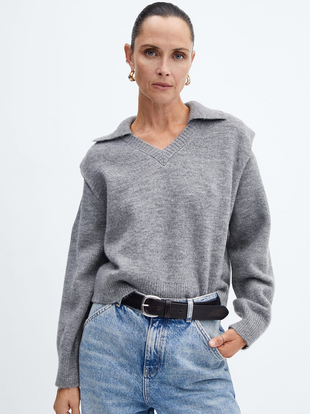 

MANGO Polo Collar Pullover With Shoulder Pads, Grey melange