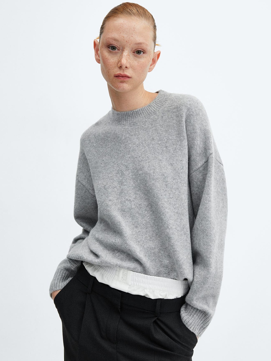 

MANGO Drop-Shoulder Pullover, Grey melange