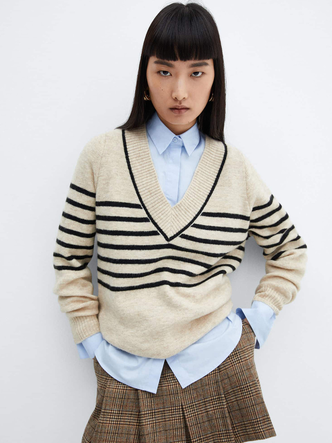 

MANGO V-Neck Striped Longline Pullover, Beige