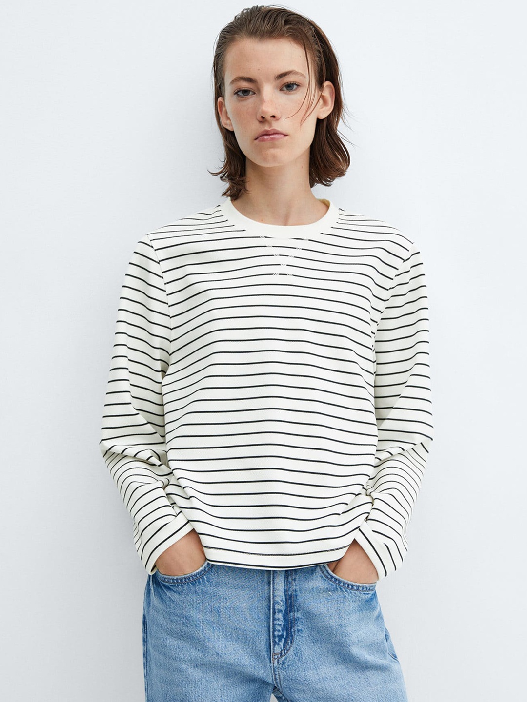 

MANGO Full Sleeves Striped T-shirt, White