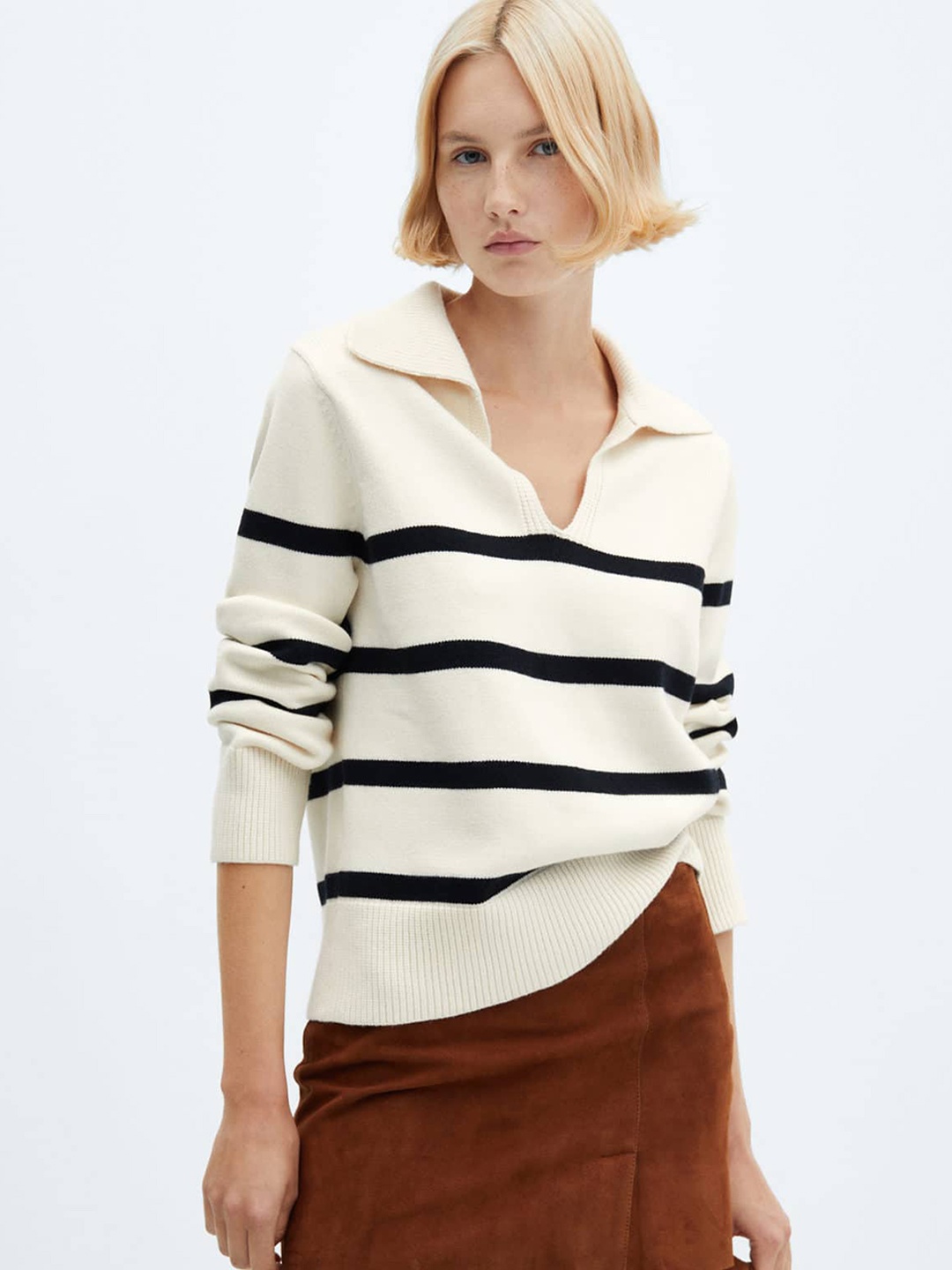 

MANGO Horizontally Striped Polo Neck Pullover, Off white