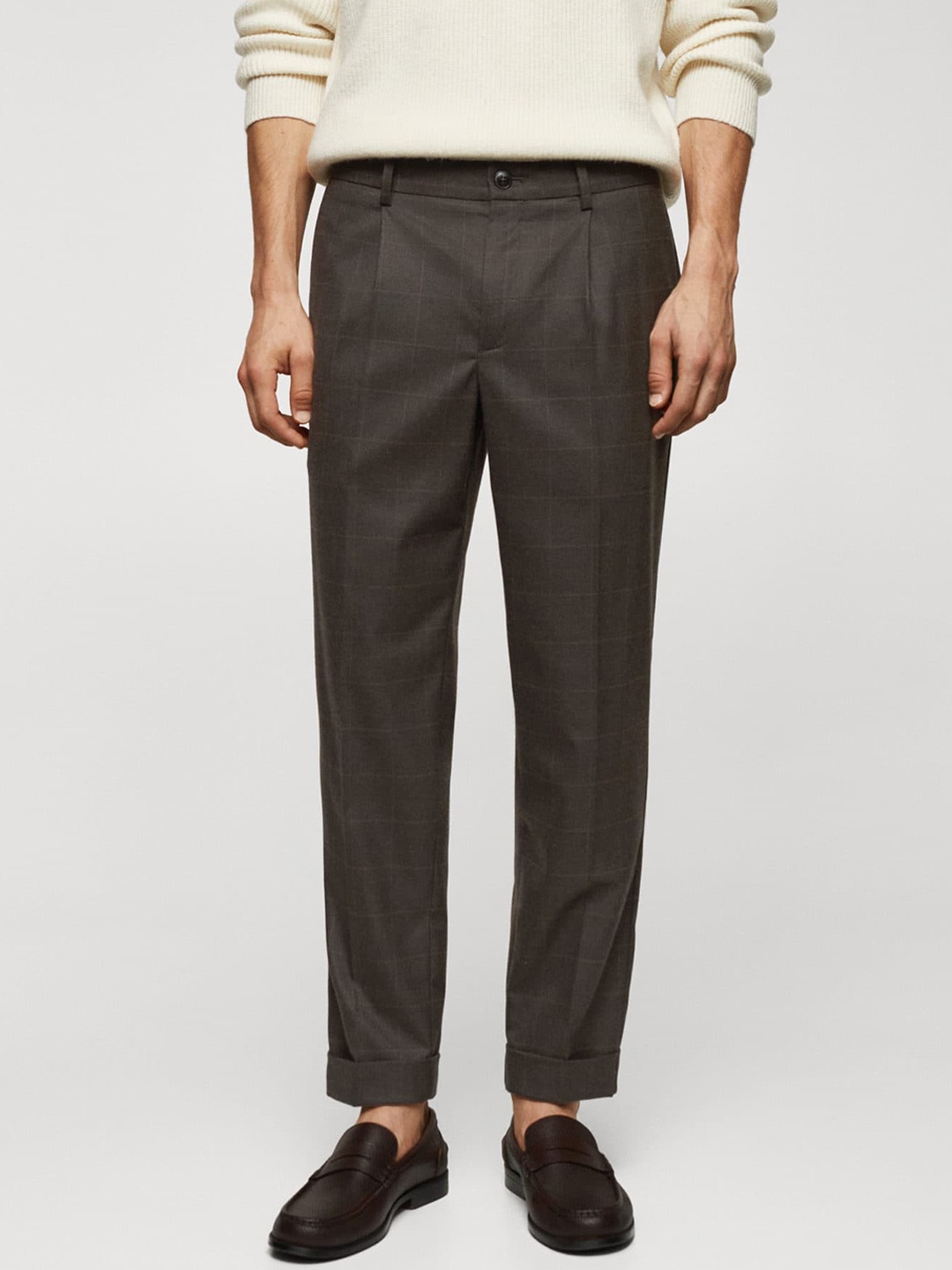 

MANGO MAN Checked Slim Fit Trousers, Brown