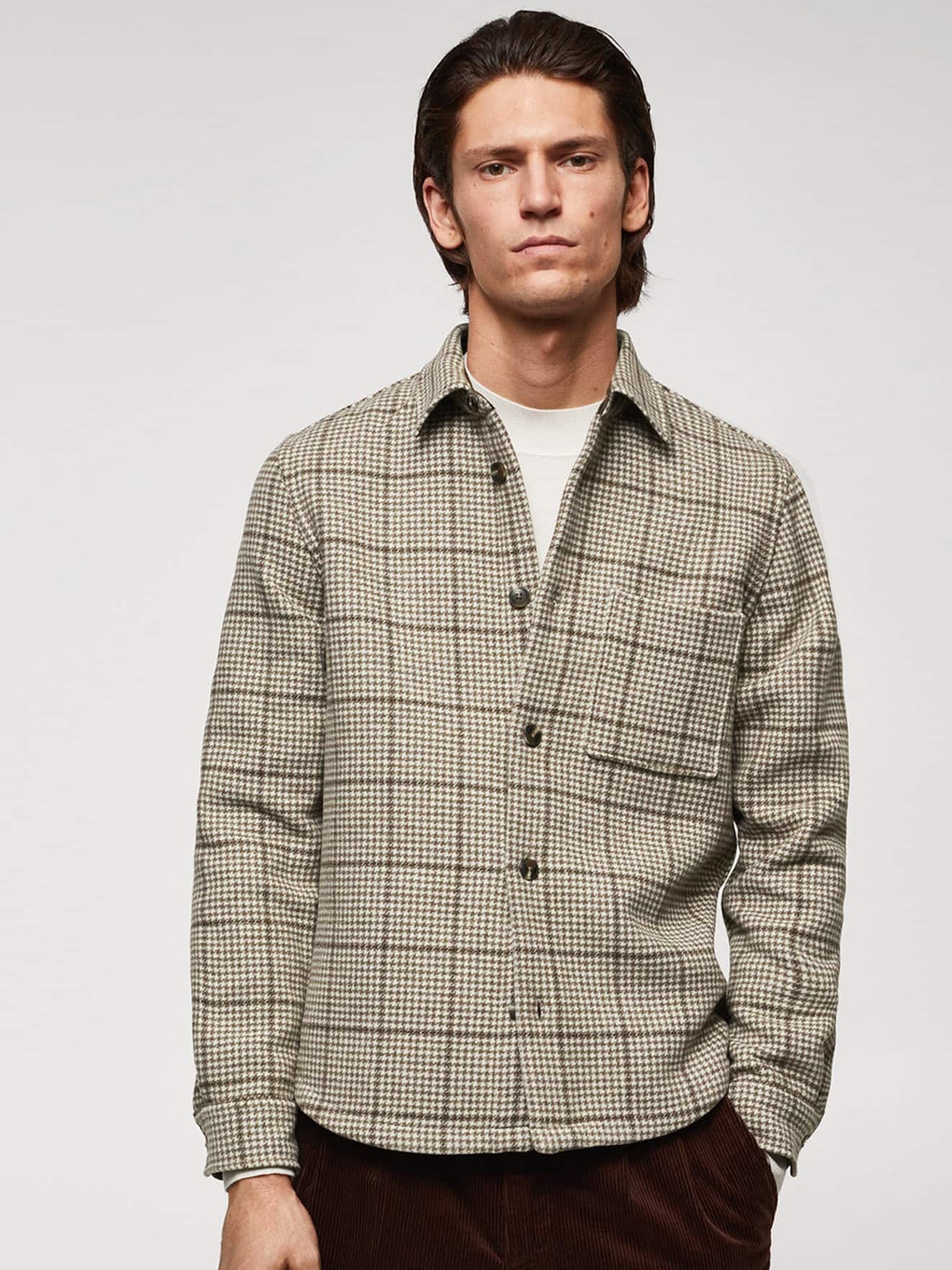 

MANGO MAN Houndstooth Pattern Shacket, Beige