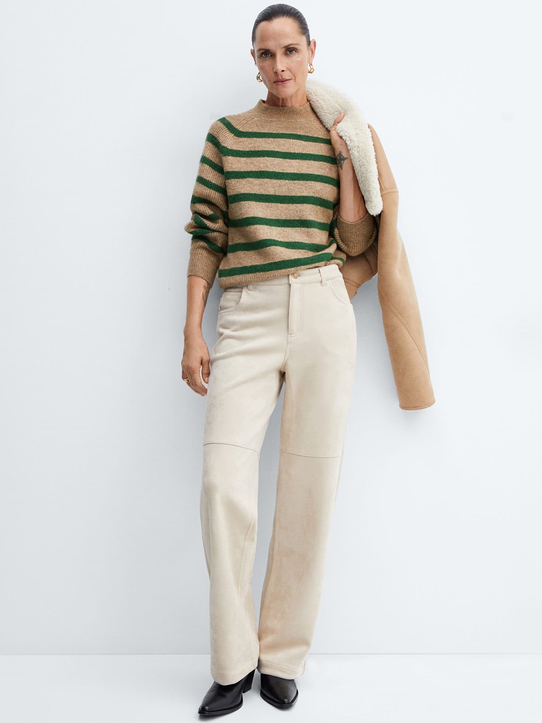 

MANGO Raglan Sleeves Striped Pullover, Brown