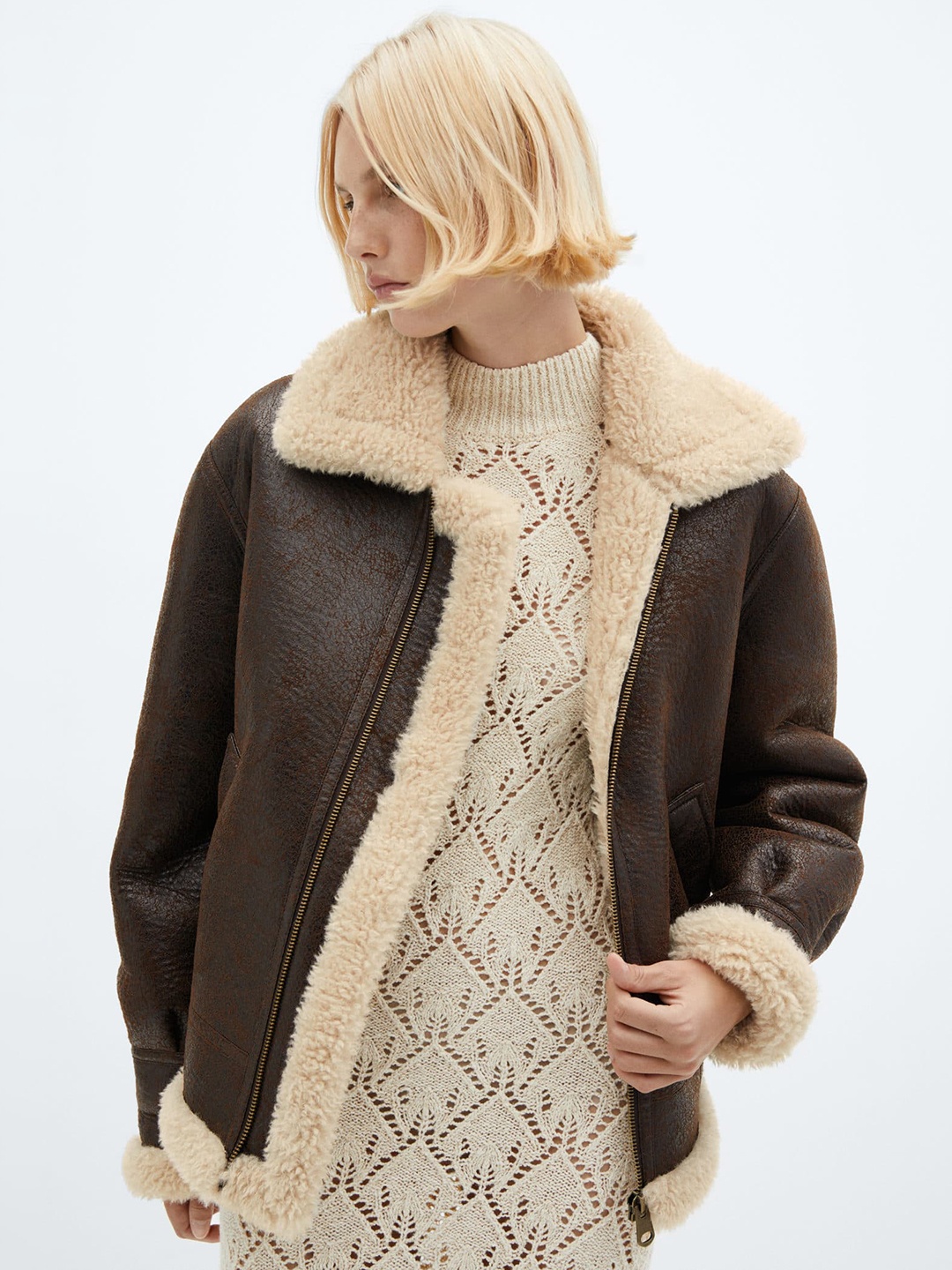 

MANGO Spread Collar Faux Fur Trims Detailed Textured Leather Jacket, Brown