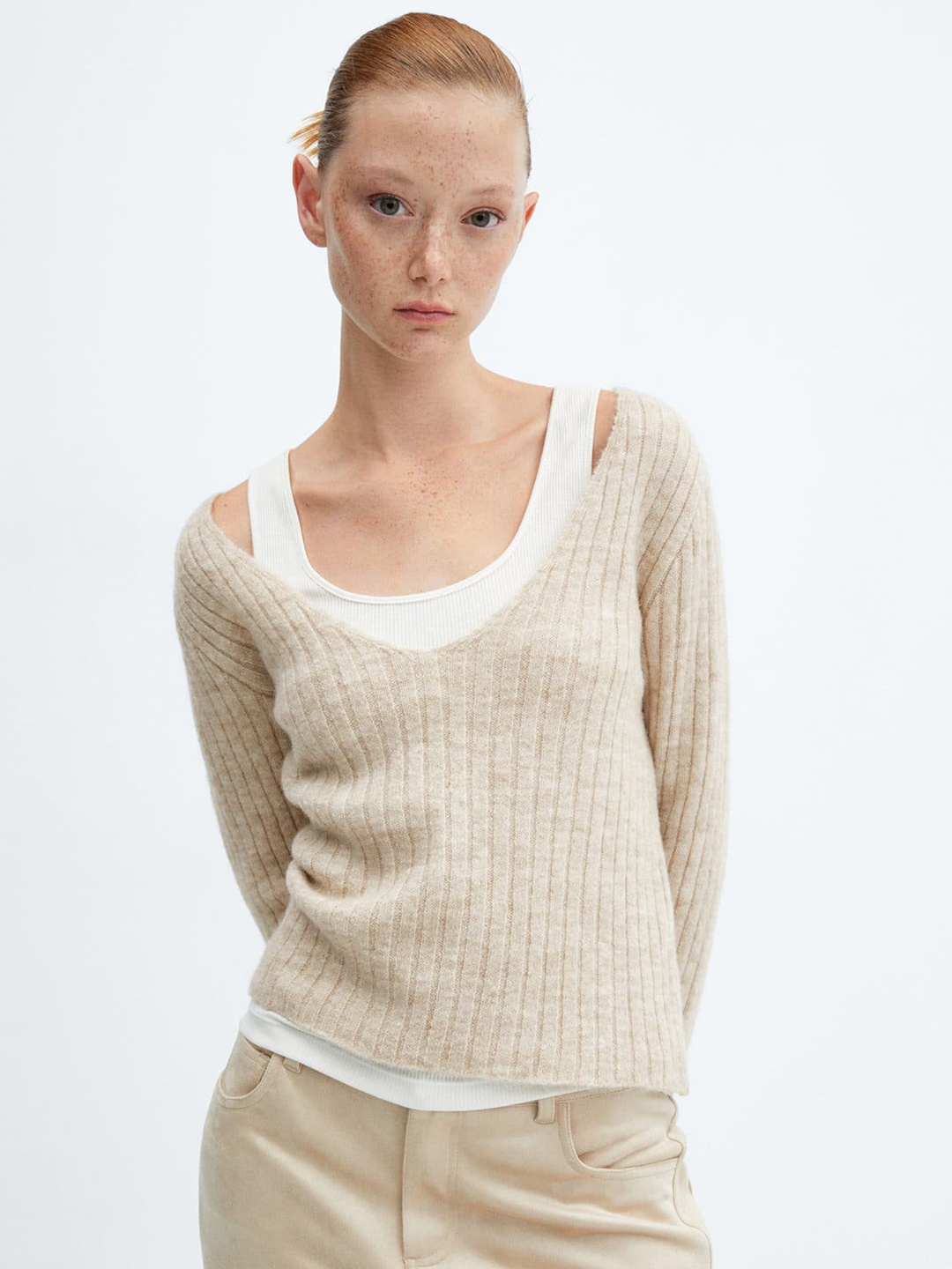 

MANGO Self-Striped V-Neck Pullover, Beige