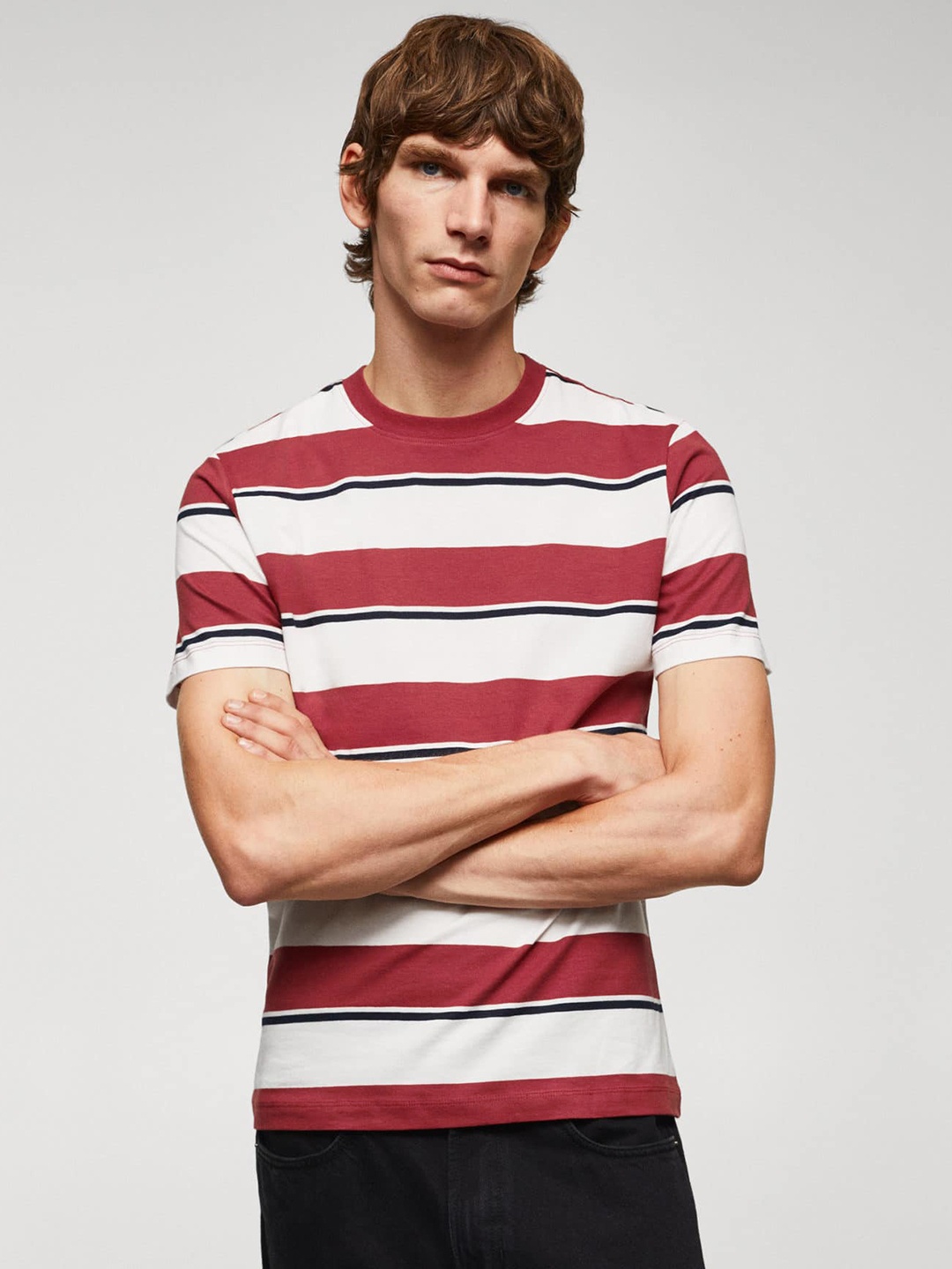 

MANGO MAN Striped Pure Cotton Slim Fit T-shirt, Red