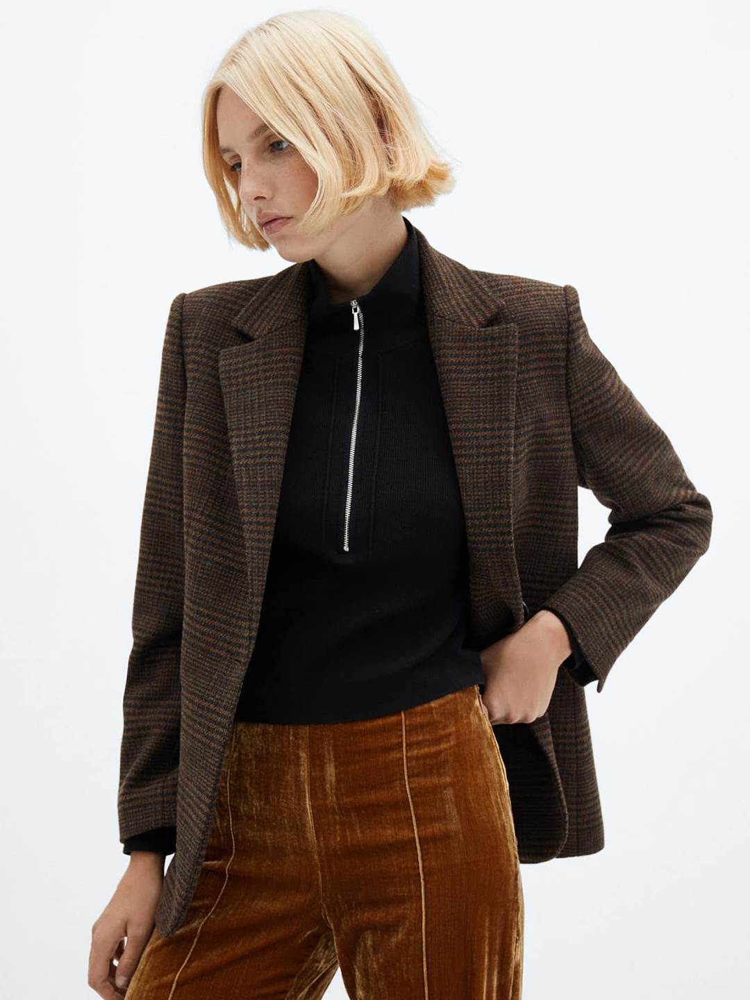 

MANGO Notched Lapel Long Sleeves Checked Single-Breasted Blazer, Brown