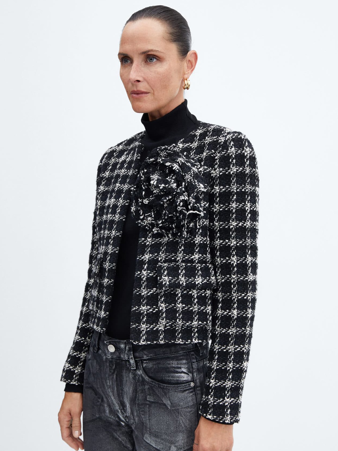 

MANGO Houndstooth Corsage Detail Tailored Jacket, White